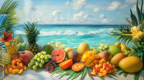 a painting of fruits and vegetables on crystal clear waters and white sandy beaches