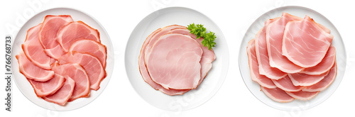 Three plates with slices of ham on the white plate isolated on transparent background, top view