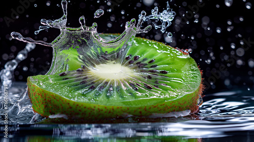 An energetic scene of a splash of water on a vibrant kiwi slice with the lively splashes creating