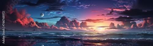 Panorama of beautiful sunset over the ocean with waves crashing on the rocks photo