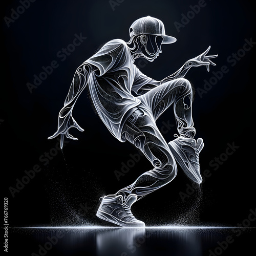 In captivating minimalist line art, a figure resembling a street dancer boy is depicted, adorned in a casual ensemble of a side cap, T-shirt, tight jeans, and sport shoes