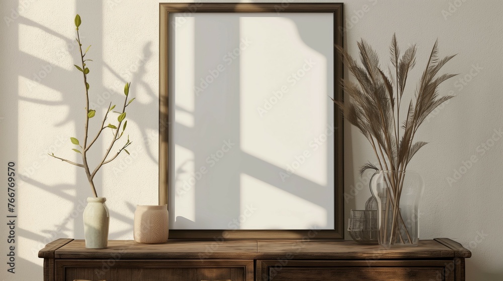 High quality wall art frame mockup. Simple home interior design. Closeup. 3d rendering High quality wall art frame mockup. Simple home interior design. Closeup. 3d rendering