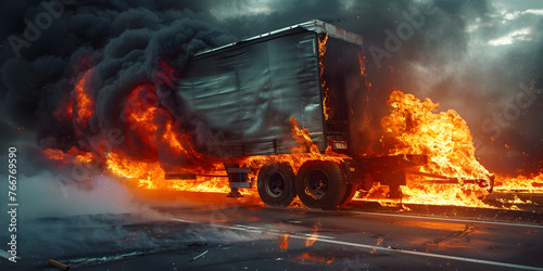 Truck trailer disaster with burning wheels from over heated brakes