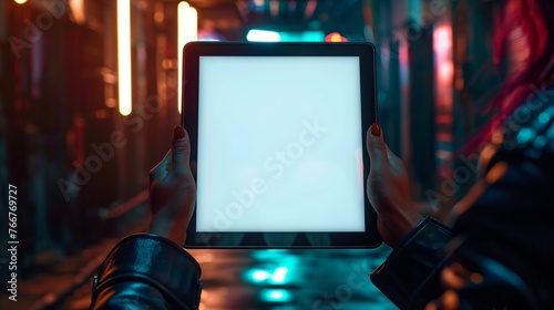 Close-up of a woman's hands using a digital tablet with blank screen. Technology, communication, and connectivity concept. photo