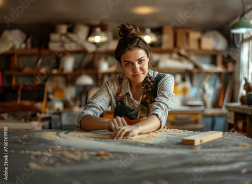 Female carpenter preparing wood, workshop setting
