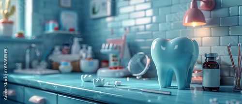 Hyperrealistic rendering of a dental drill and mirror in action, with a tongue depressor and dental floss ready for use, emphasizing dental hygiene , 3DCG photo