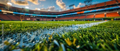 American football stadium, field closeup, capturing the essence of the sport, vibrant photo