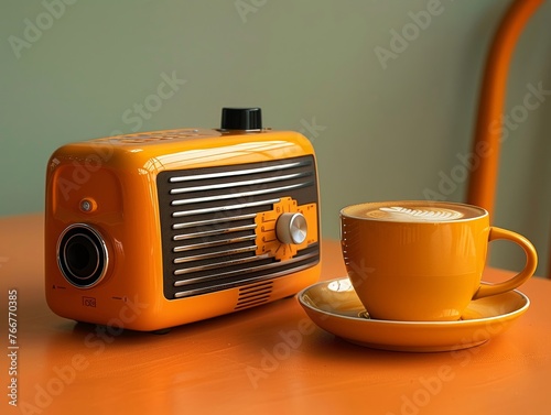 A stylish orange retro radio beside a matching coffee cup with latte art on a table. photo