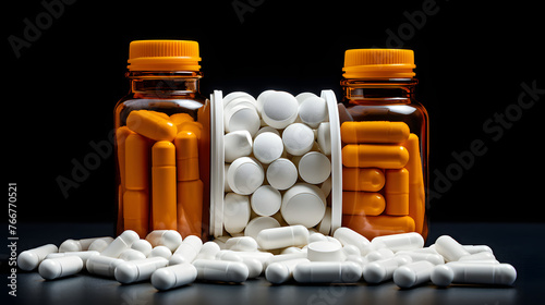 set of different medical capsules with vitamins and medicines in jars. pharmacology and medicine