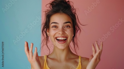 Young attractive beautiful female entrepreneur fund borrower crazy joyful ecstatic face gesture hand yes feeling amazed in peer to peer P2P lending finance or crowdfunding network microfinance approve photo