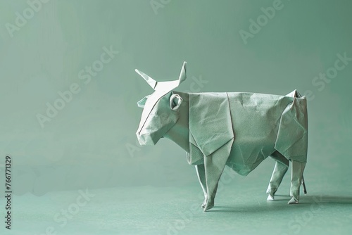 origami Cow on pastel green background photo