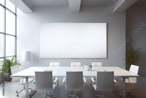 A modern conference room ambiance with a bright  empty white frame on the wall  adding a touch of sophistication to the setting.