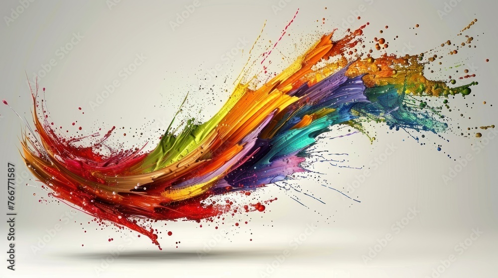 Vibrant multicolored paint splatters covering a clean white background