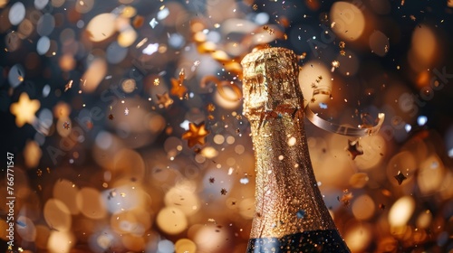 A detailed view of a champagne bottle, showcasing its label and unique design