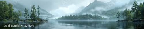 Painting depicting a mountain lake nestled among trees