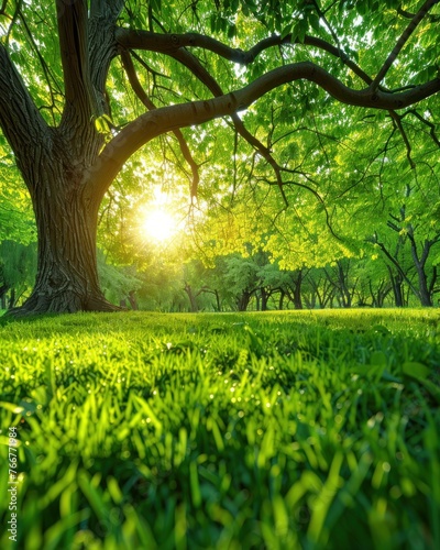 Sunlight filtering through trees in a park