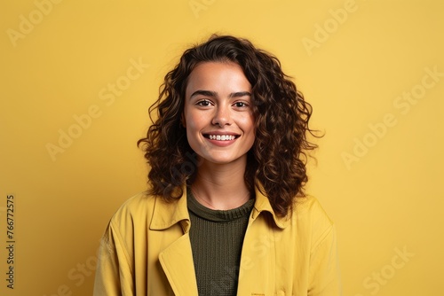 Portrait of a smiling young woman in yellow coat on yellow background © Inigo