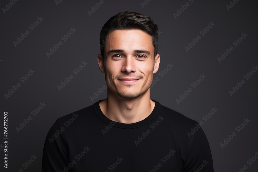 Portrait of a handsome young man in black t-shirt over dark background.