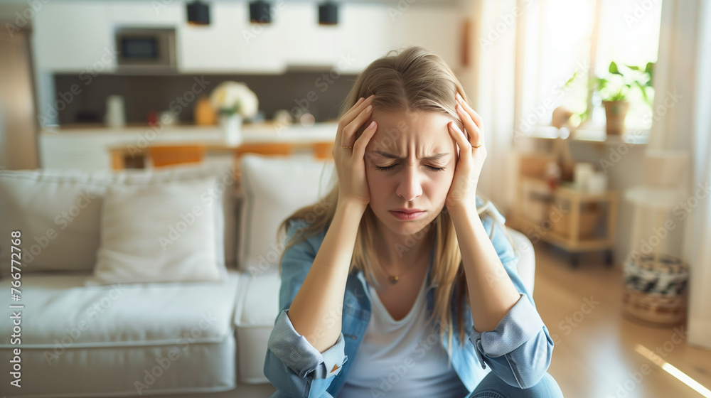A woman sits on the floor, cradling her head in her hands with a pained expression on her face, Depressed frustrated young woman A woman sits on the floor, cradling her head in her hands with a pained expression on her face, Depressed frustrated young woman