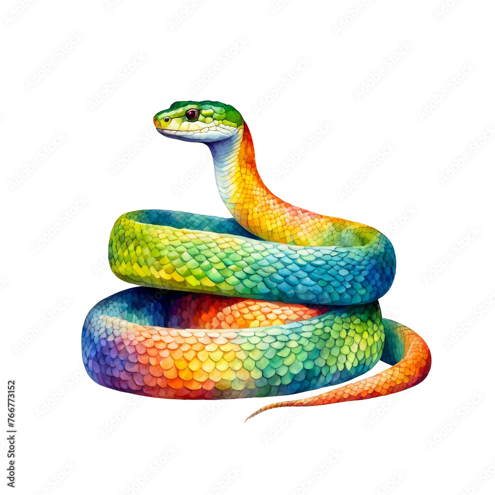 Fototapeta premium watercolor illustration of snake, green, colorful, wild animal, reptile, vector clipart, for journal, presentation, scrapbook, cutout on white background