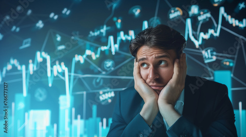 A man stands before a stock chart, hand on face in deep thought, depressed stock market trader