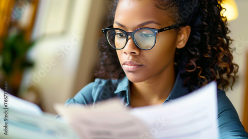 Focused young African American woman in eyeglasses looking through paper documents, managing business affairs, summarizing taxes, planning future investments, and accounting alone at home office. 