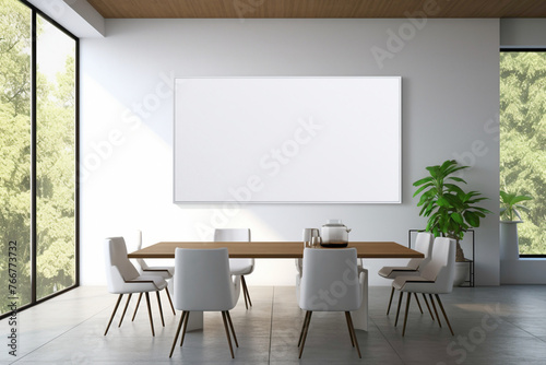 A modern and sleek meeting space with minimalist features. The blank white empty frame mounted on the wall invites creative customization.