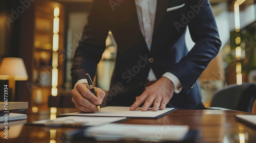 A sophisticated man in a tailored suit sitting at a desk, deep in thought as he writes on a piece of paper with a pen