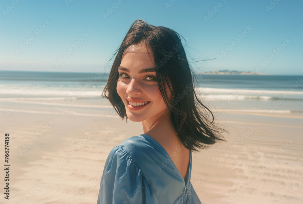 beautiful woman smiling by the ocean. summer vacation and travel concept beautiful woman smiling by the ocean. summer vacation and travel concept