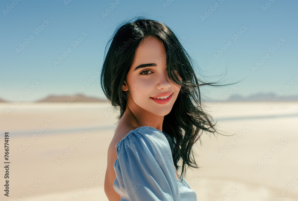 beautiful woman smiling by the ocean. summer vacation and travel concept beautiful woman smiling by the ocean. summer vacation and travel concept