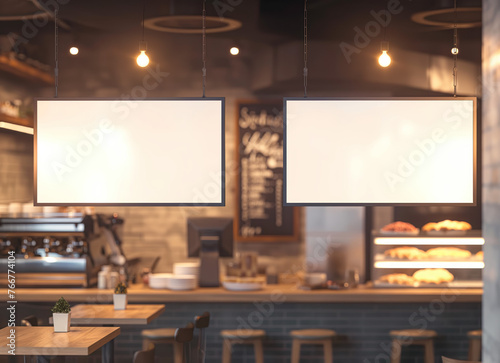 Mock up screen frame template in Caf, restaurant. © Koray