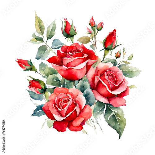Roses bouquet watercolor painting  floral bunch  red roses with leaves  floral decorative element  for journal  presentation  project  planner  craft arts  kids project  ad promotion  cutout on white