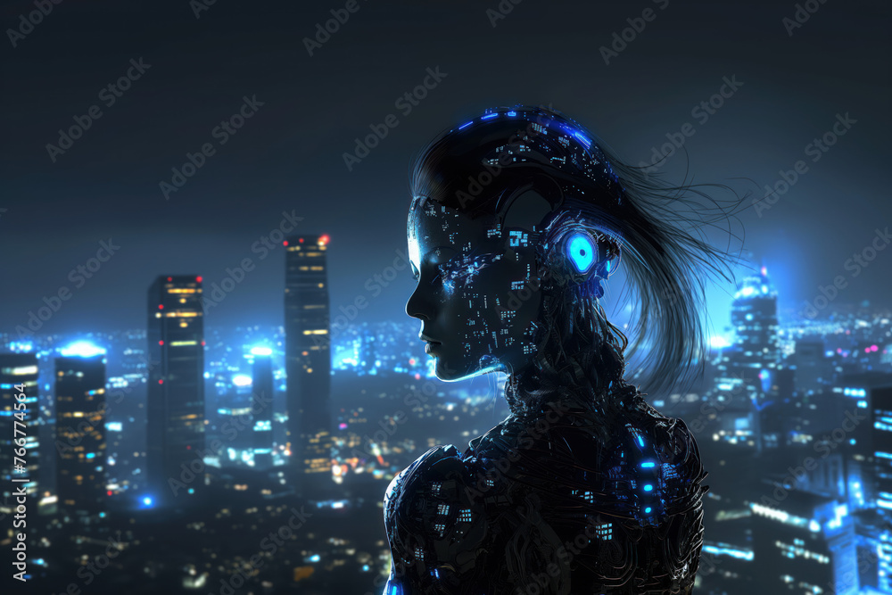 Beautiful female cyborg cyborg in a cyberpunk like city. Blue night colors. AI concept. Beautiful female cyborg cyborg in a cyberpunk like city. Blue night colors. AI concept.