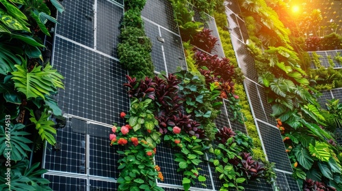 A vertical garden wall made of modular solar panels providing both functionality and aesthetic appeal as it powers various appliances . AI generation.