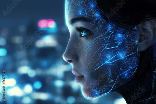 Beautiful female cyborg cyborg in a cyberpunk like city. Blue night colors. AI concept.