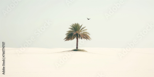 Minimalistic desert landscape. Sand, palm tree and bird. 