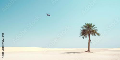 Minimalistic desert landscape. Sand, palm tree and bird. 