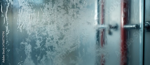 A detailed shot of a frosted glass door with metal pipes visible in the background, symbolizing the flow of water and gas within a building