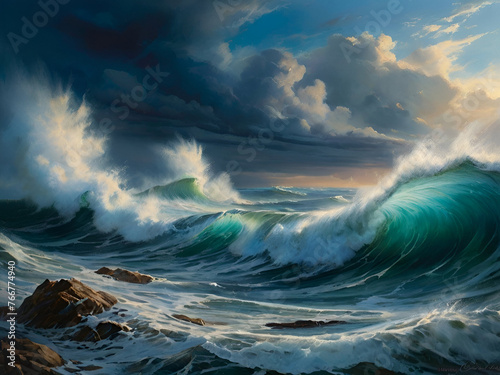 A stunning landscape painting of the sea and waves, capturing the essence of nature's power background