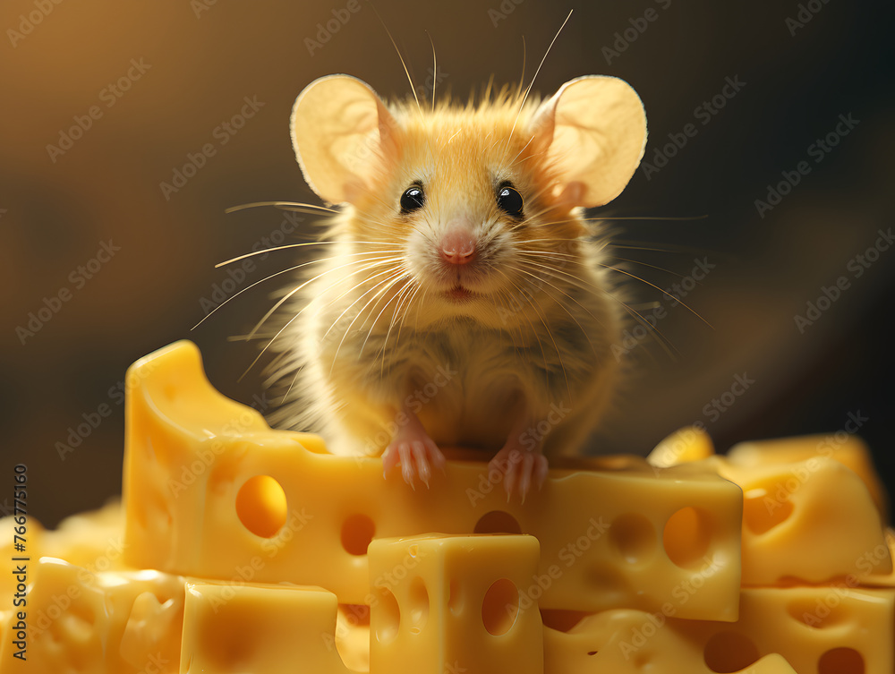 Fototapeta premium The hamster mouse gnaws and eats cheese. rodents and pests. fauna and biology