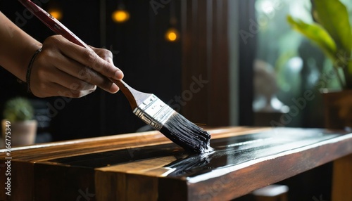 Hand holding a brush applying varnish paint on a wooden furniture  photo