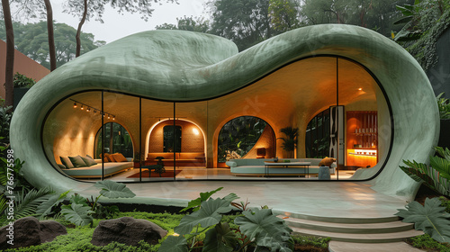 Modern Organic Architecture with Green Curvilinear Structure in a Lush Garden