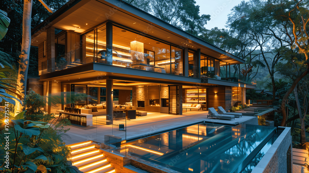 Modern Luxury House Exterior with Pool at Twilight