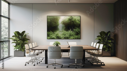 A minimalist meeting room with clean lines, neutral tones, and a focus on functionality, enhanced by subtle accents of greenery and strategically placed artwork for an inviting atmosphere.