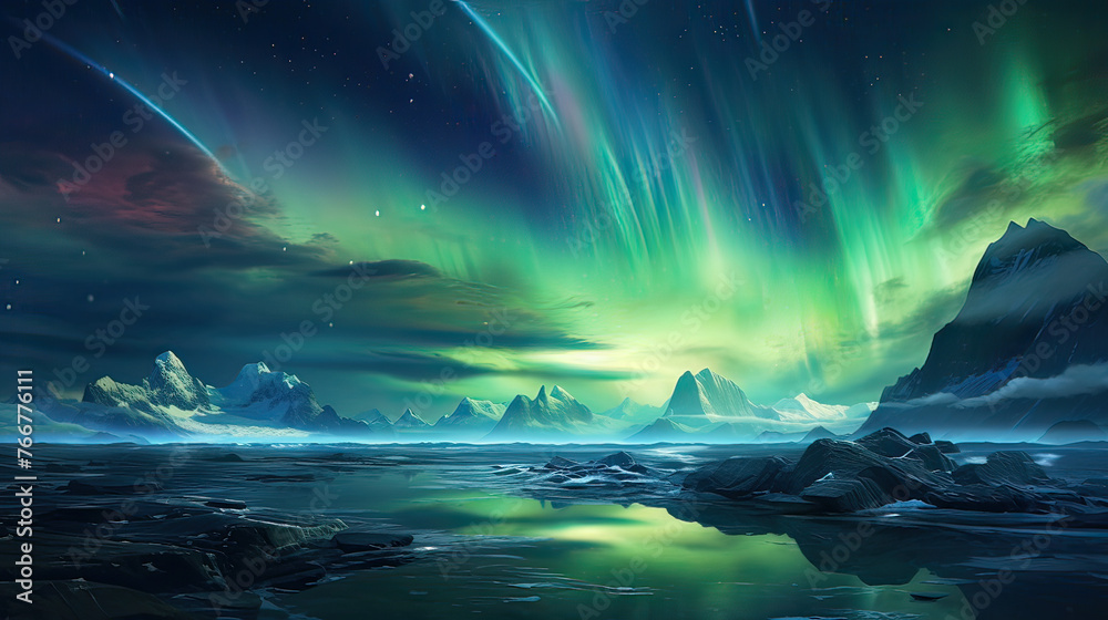 A dreamlike, futuristic landscape with glowing auroras, ethereal lights, and a star-filled sky over a surreal terrain background Ai Generative