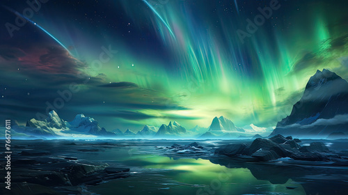 A dreamlike, futuristic landscape with glowing auroras, ethereal lights, and a star-filled sky over a surreal terrain background Ai Generative © SK