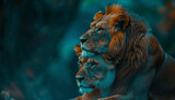 A pair of lions in a forest, looking at each other in a dreamy and romantic close-up shot.