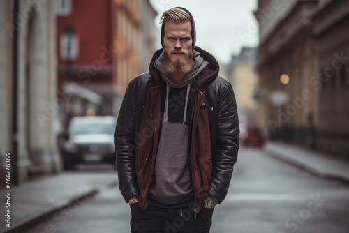 Portrait of a handsome fashionable bearded man in a leather jacket on a city street