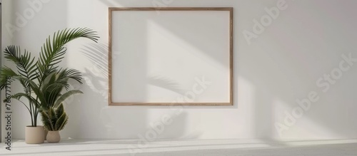Large landscape mockup with wooden frame displayed on a white wall. Modern and minimal design suitable for showcasing text or products in various sizes such as 50x70, 20x28, A3, and A4.