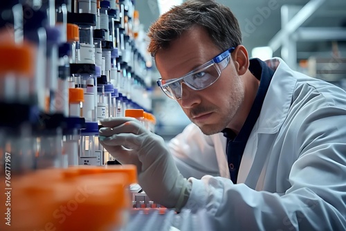 A meticulous scientist analyzing samples in a high-tech laboratory setting.